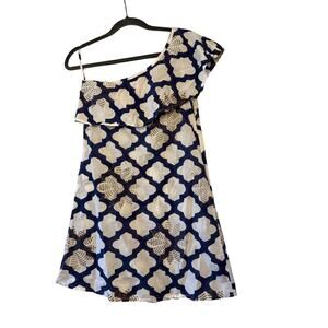 Oliphant Navy Blue White Patter One Shoulder Mini Dress Sz XS